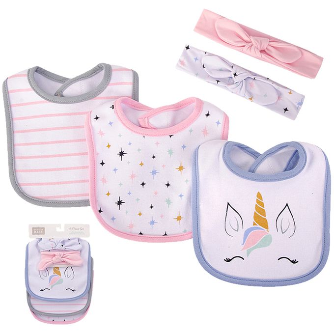 美國 Luvable Friends - 甜蜜寶貝嬰幼兒吸水口水巾圍兜與髮帶組-粉紫獨角獸