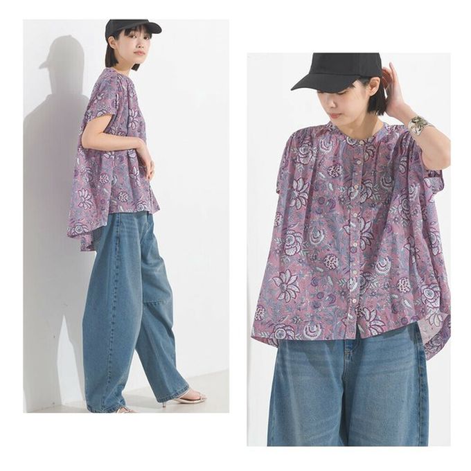 日本 OMNES - 100%印度棉 輕盈寬版襯衫式上衣-圖騰-海軍藍