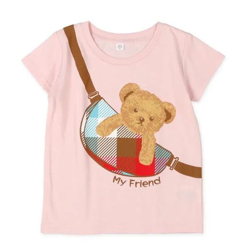 日本西松屋 - 可愛印花圓領短袖上衣-泰迪熊包包-粉紅