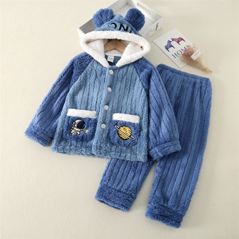 法蘭絨兒童造型長袖睡衣-太空人+星球-藍色