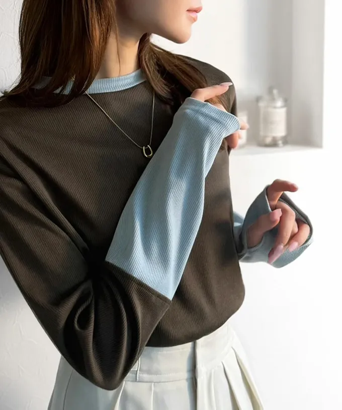 日本 Classical Elf - 時尚配色袖羅紋長袖上衣(指孔設計)-炭灰