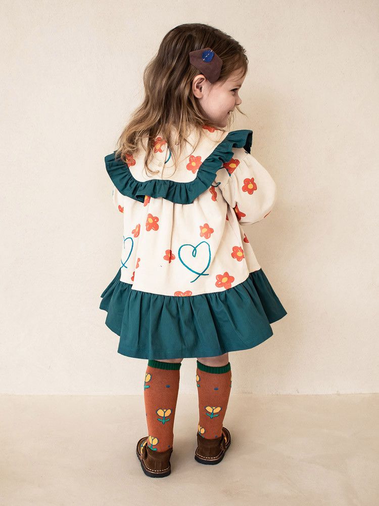 韓國Pimpollo - 微笑花朵荷葉邊洋裝-橘