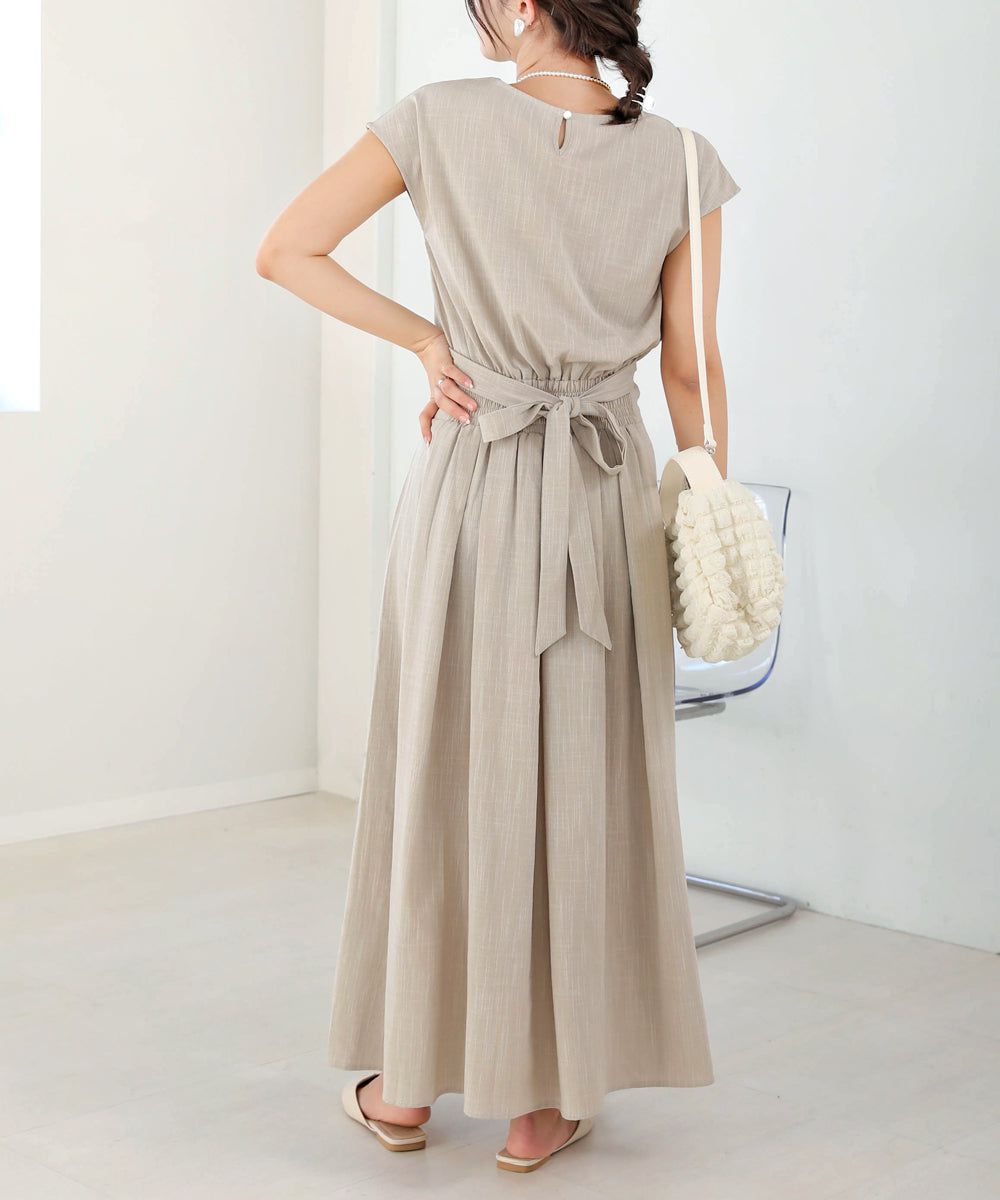 日本 Bab - 顯瘦剪裁收腰法式袖洋裝-石墨灰