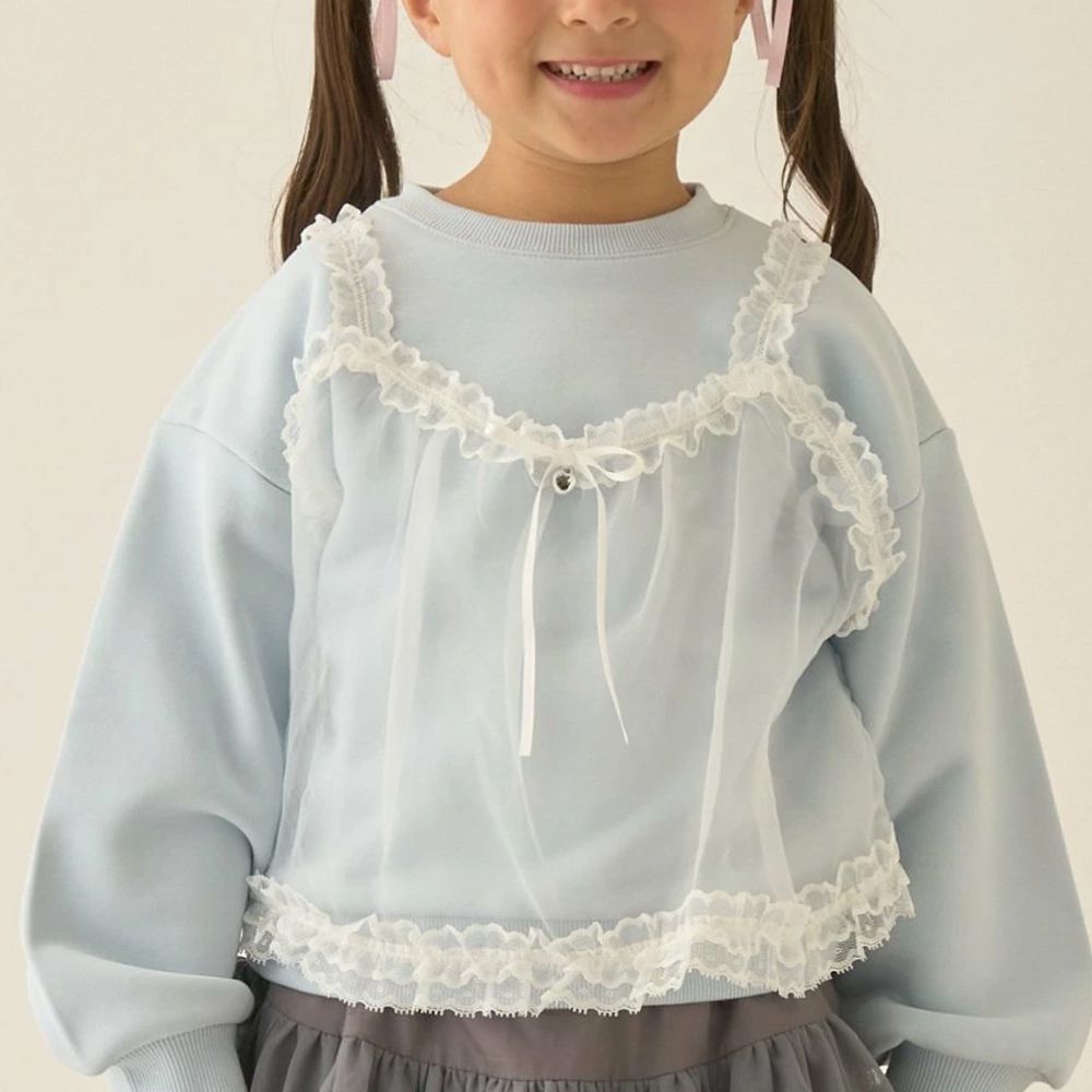 夢幻蕾絲吊帶縮口長袖上衣-藍