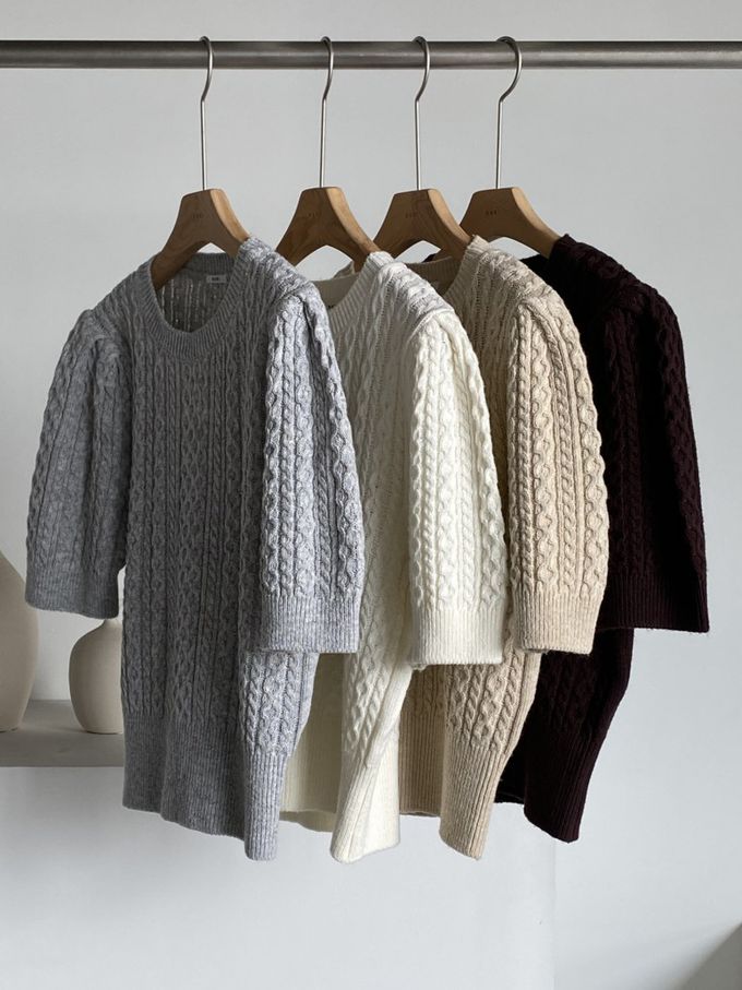 韓國女裝連線 - 麻花辮編織五分袖針織上衣-淺灰 (FREE)