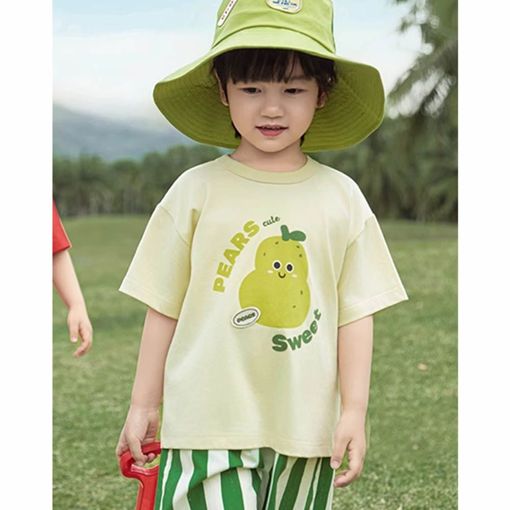 棉質圓領休閒短袖上衣-水梨-米黃