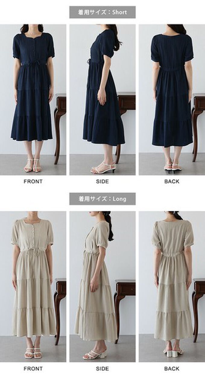 日本 BLUE EAST - 桃心領氣質分層短袖洋裝-海軍藍 ((長版))