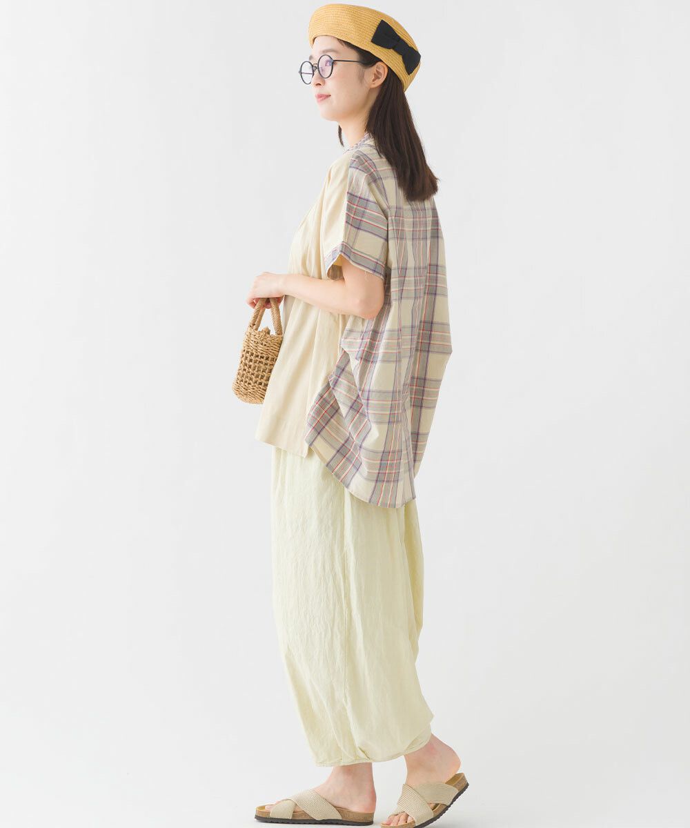 日本女裝代購 - 100%印度棉格紋拼接短袖上衣-深藍