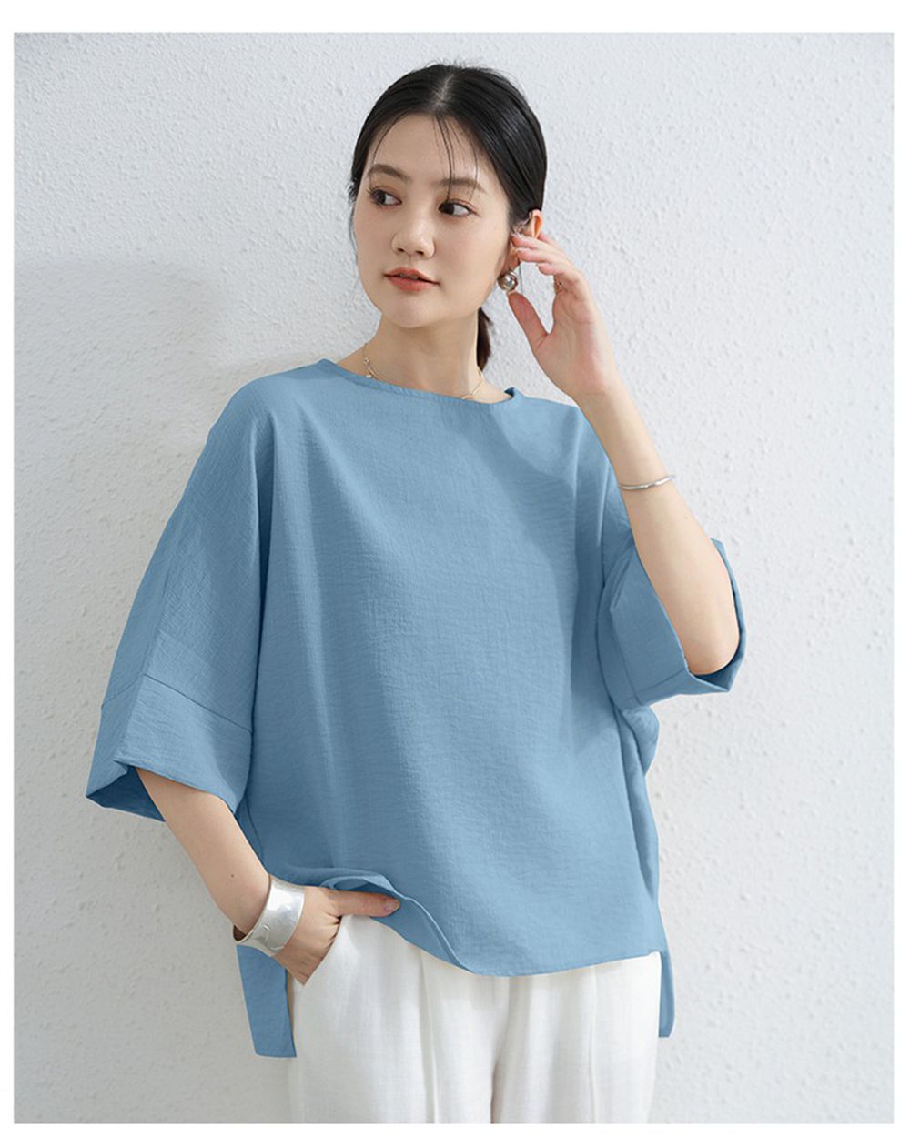 簡約優雅寬袖上衣-藍色 (F)