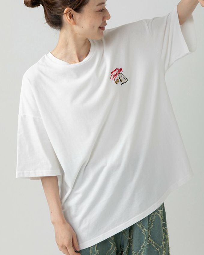 日本 gleam - 幽靈熱狗美式印花寬大風短袖T恤-燕麥灰