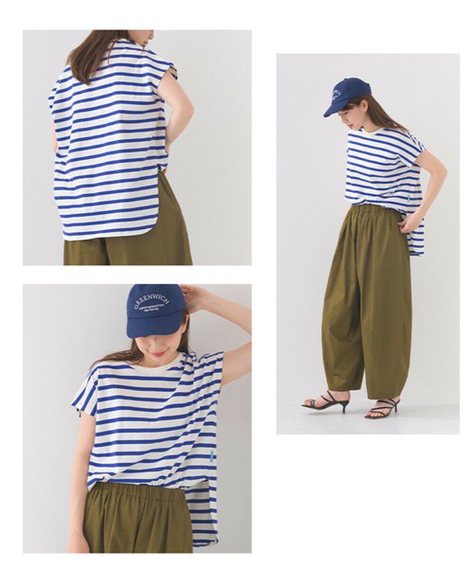 日本 OMNES - 接觸冷感 純棉不易皺法式袖上衣-粗條紋-黑x白