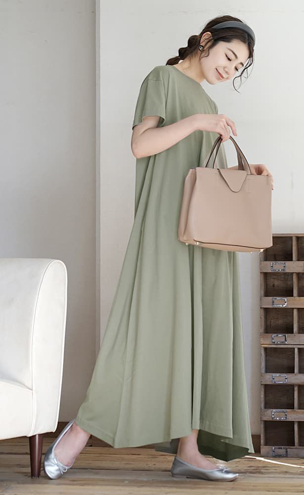 日本 zootie - 抗透汗 休閒短袖傘狀長洋裝-灰杏