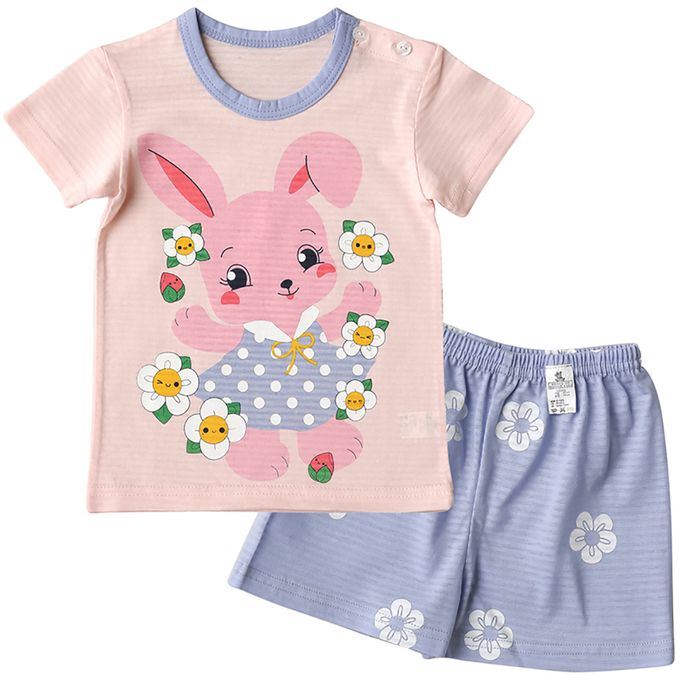 正韓 Puco - 超優質嬰幼兒/兒童短袖100% 有機棉家居服/睡衣-兔子花花