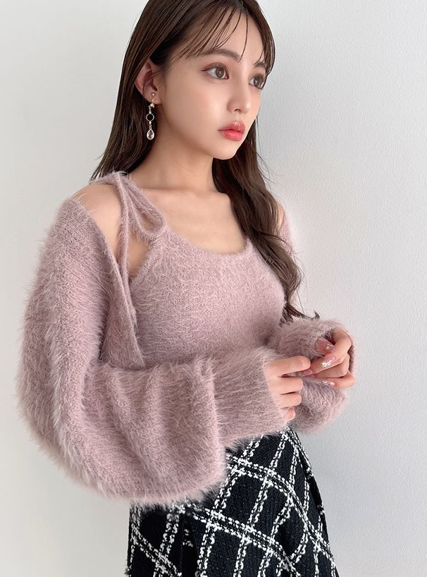 日本 GRL - 時尚毛絨綁帶背心x針織小外套兩件組-時尚黑 (F)