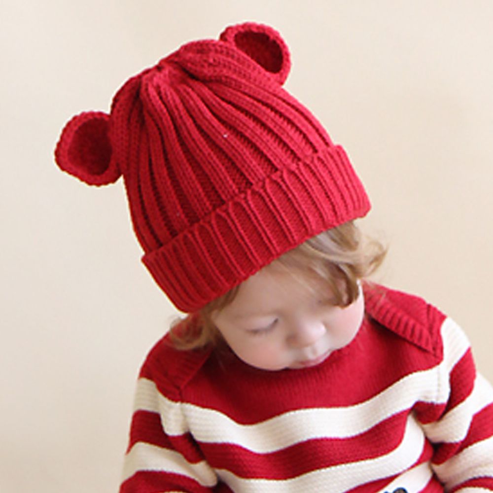 韓國 Babyblee - 熊耳朵針織毛線帽-紅 (FREE)