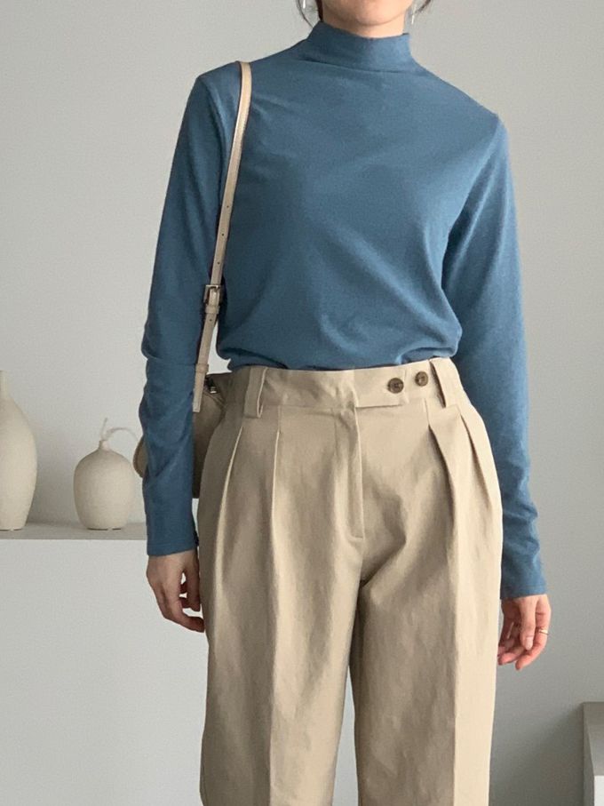 韓國女裝連線 - 百搭中領混羊毛長袖上衣-霧藍 (FREE)