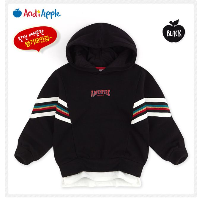 韓國 AndiApple - 冒險字印假兩件內刷毛連帽套裝-黑