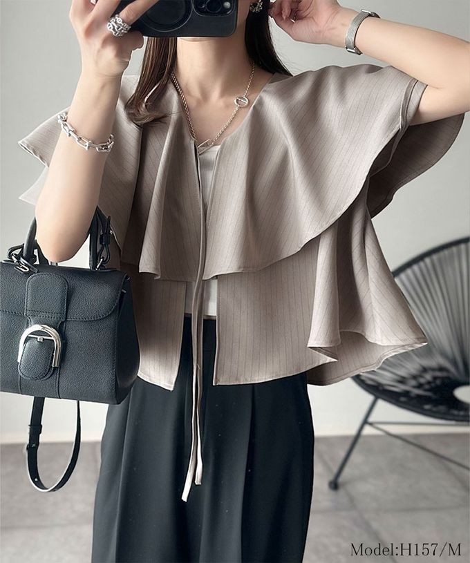 日本 Classical Elf - 前後2way優雅荷葉大翻領上衣-細條紋-卡其棕