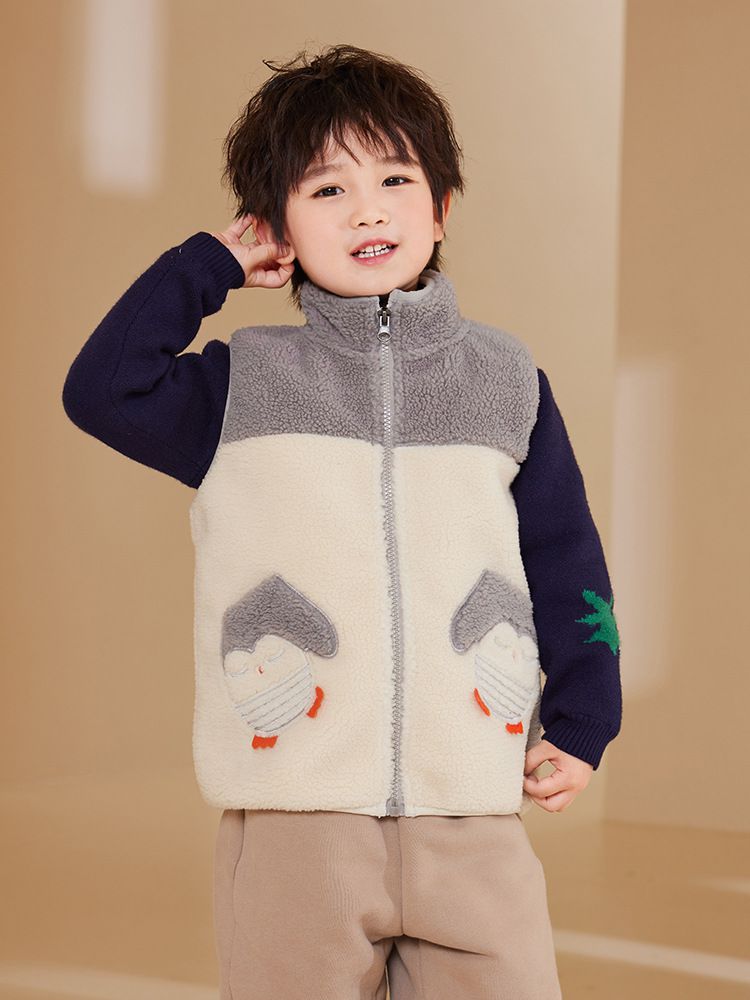 搖粒絨保暖兒童背心-企鵝口袋-杏+藍