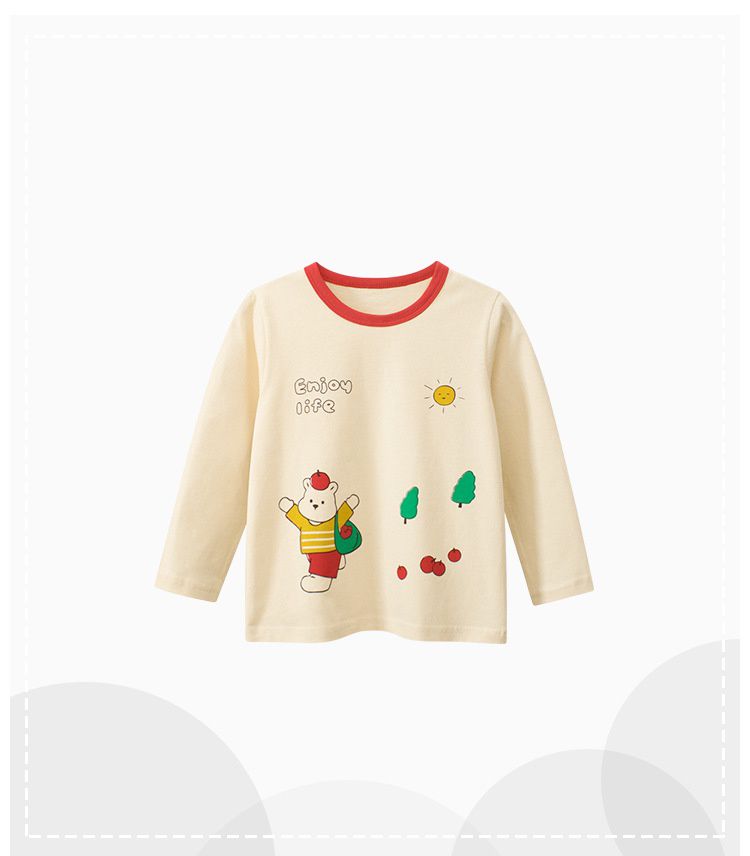 純棉圓領薄長袖上衣-蘋果熊熊-杏色