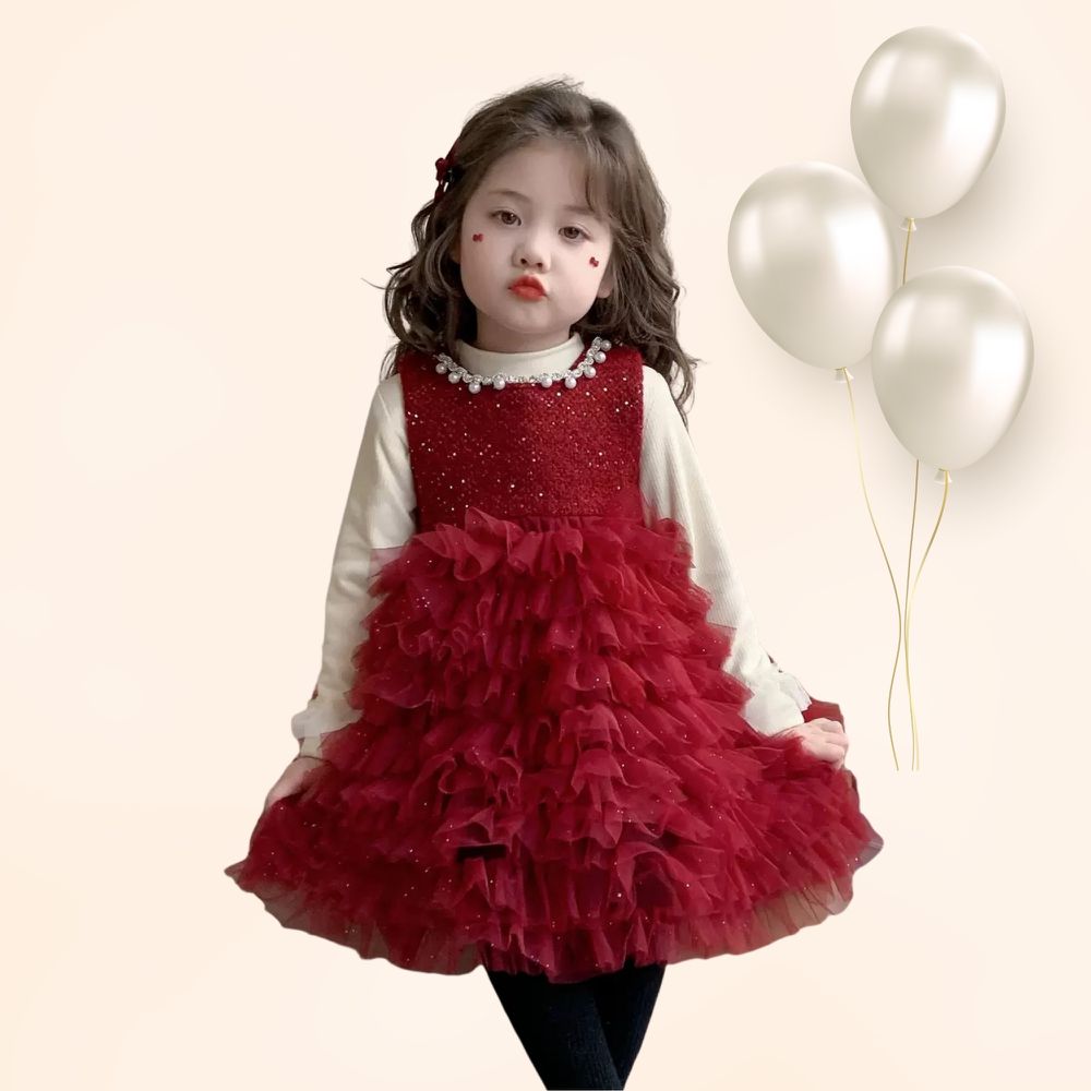 新年拜年法式甜美珍珠鑽飾領口蛋糕網紗洋裝-質感紅色