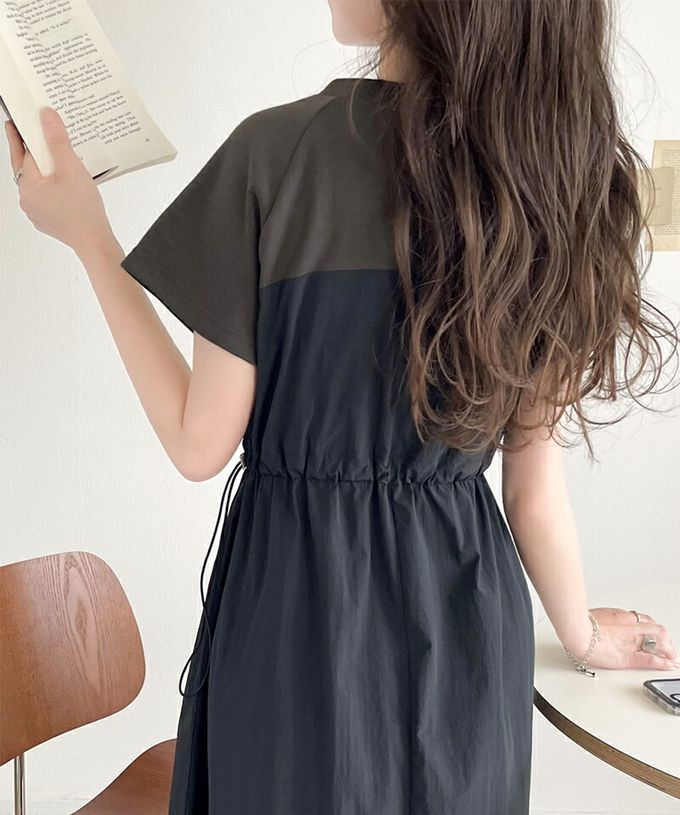 日本 Classical Elf - 法式袖拼接縮腰抽繩洋裝-卡其x淺灰