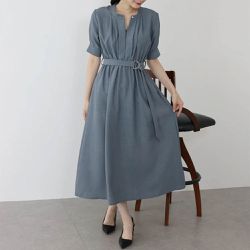 日本 BLUE EAST - 優雅打褶2way領束腰短袖洋裝-灰藍