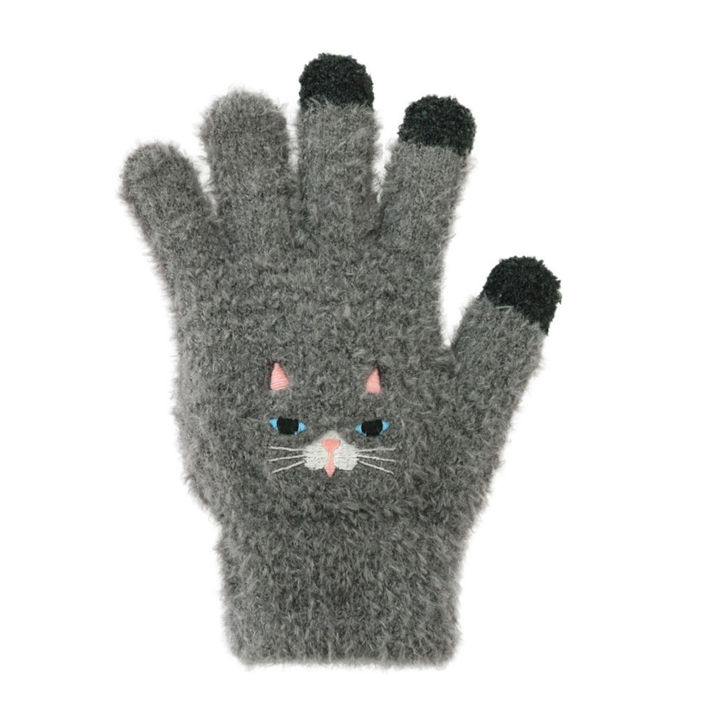 日本 TOMO - 大人可觸控短絨保暖手套-灰貓-灰