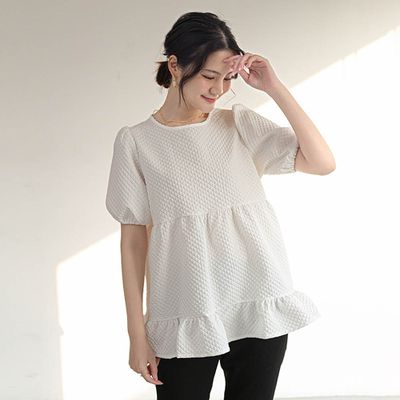 Yukié - 甜美減齡荷葉邊泡泡袖上衣-白色