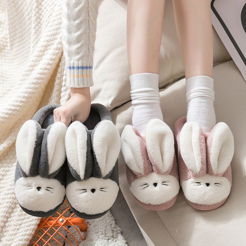 毛毛保暖室內拖鞋-大耳朵兔子-淡粉色