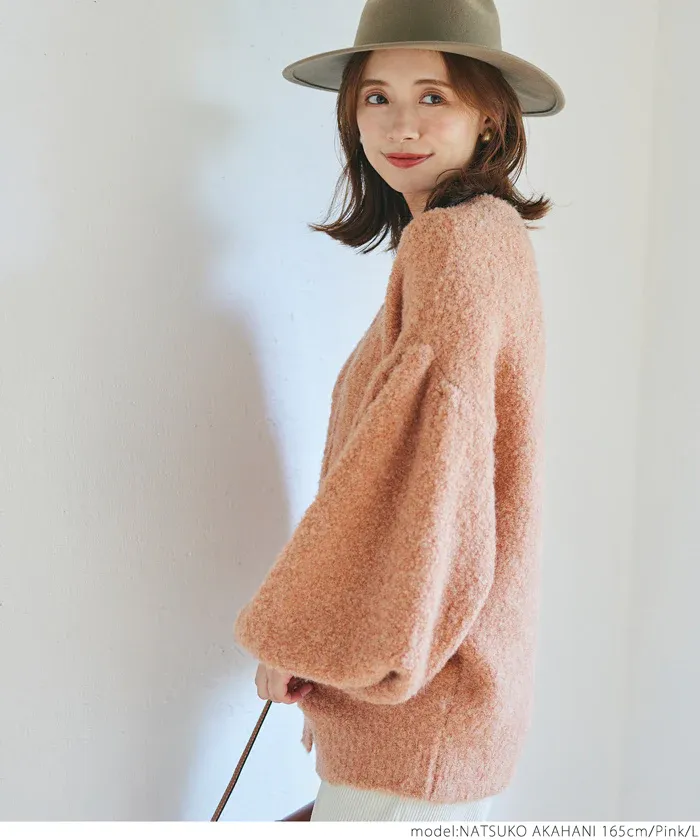 日本 COCA - 澎澎氣球袖針織開襟衫-橘粉