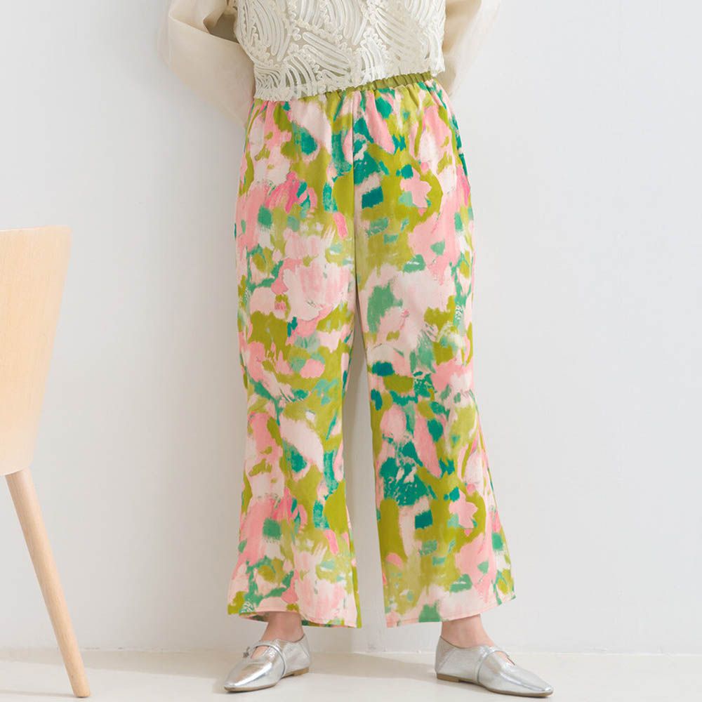 [人氣款]柔和季節感印花輕盈寬褲-暈染-粉紅x綠
