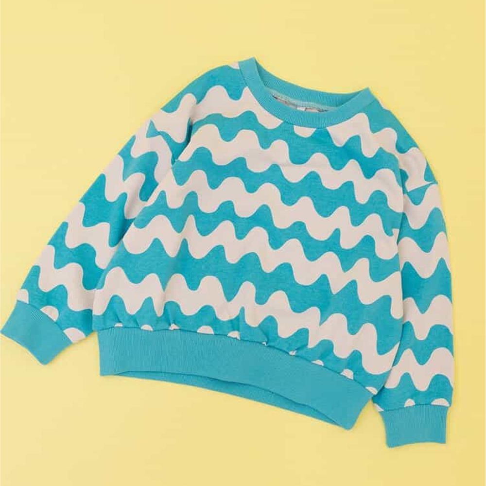 繽紛配色縮口大學長袖上衣-波浪-水藍X白