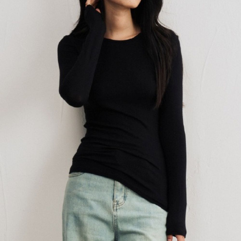 輕絨暖感3%羊毛天絲莫代爾修身長袖上衣-山絨黑