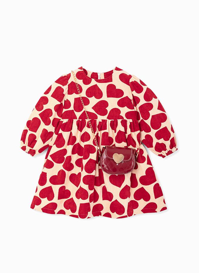 韓國 OZKIZ - (附小斜包) 紅色愛心燈芯絨洋裝-紅