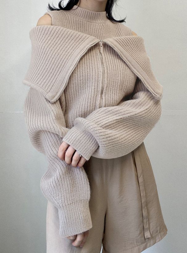 日本 GRL - 露肩羅紋兩件式針織上衣-淺米 (F)