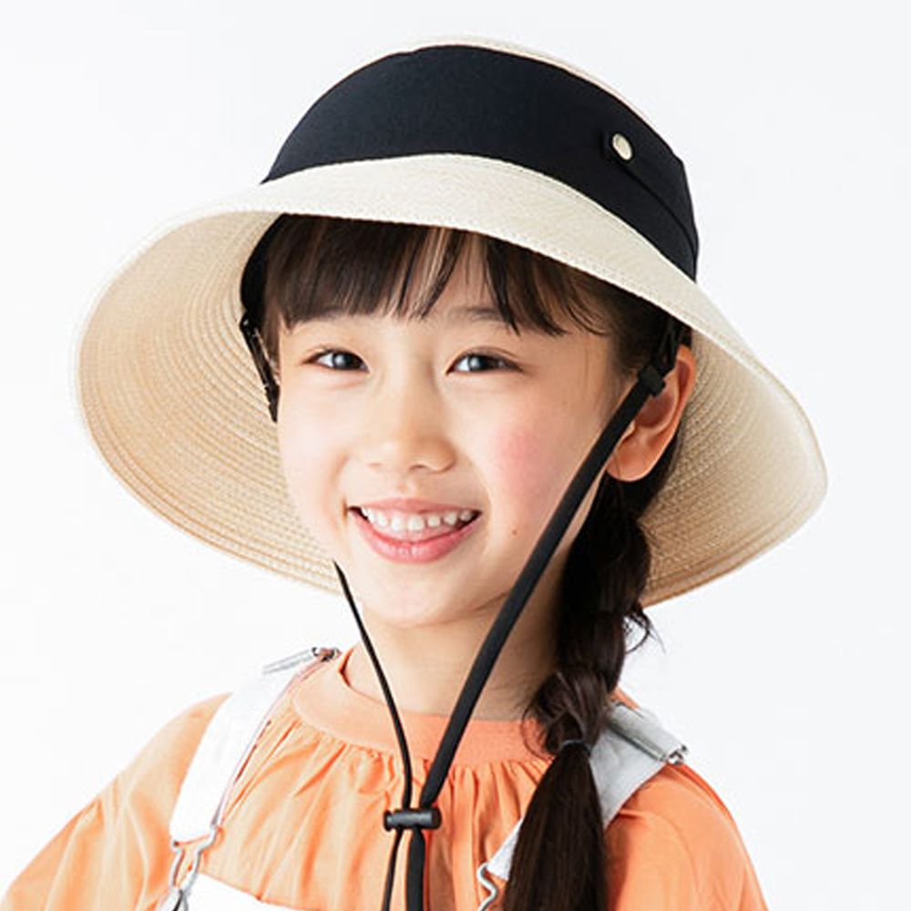 日本 irodori - 寬版緞帶雙鈕釦草帽(附防風帽帶)-兒童款-米X黑 (54cm)