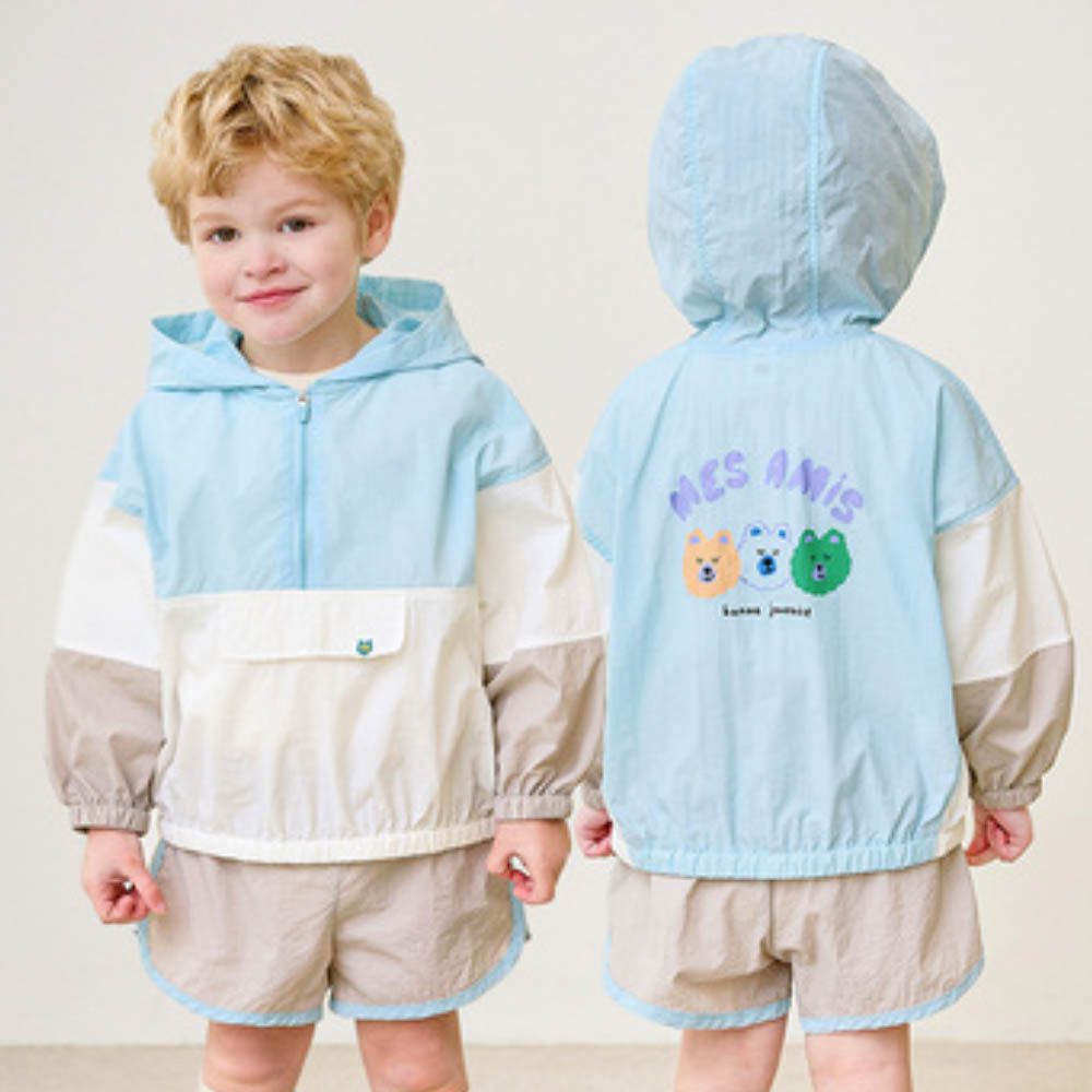 動物印撞色連帽長袖上衣X短褲套裝-天藍X白X灰杏