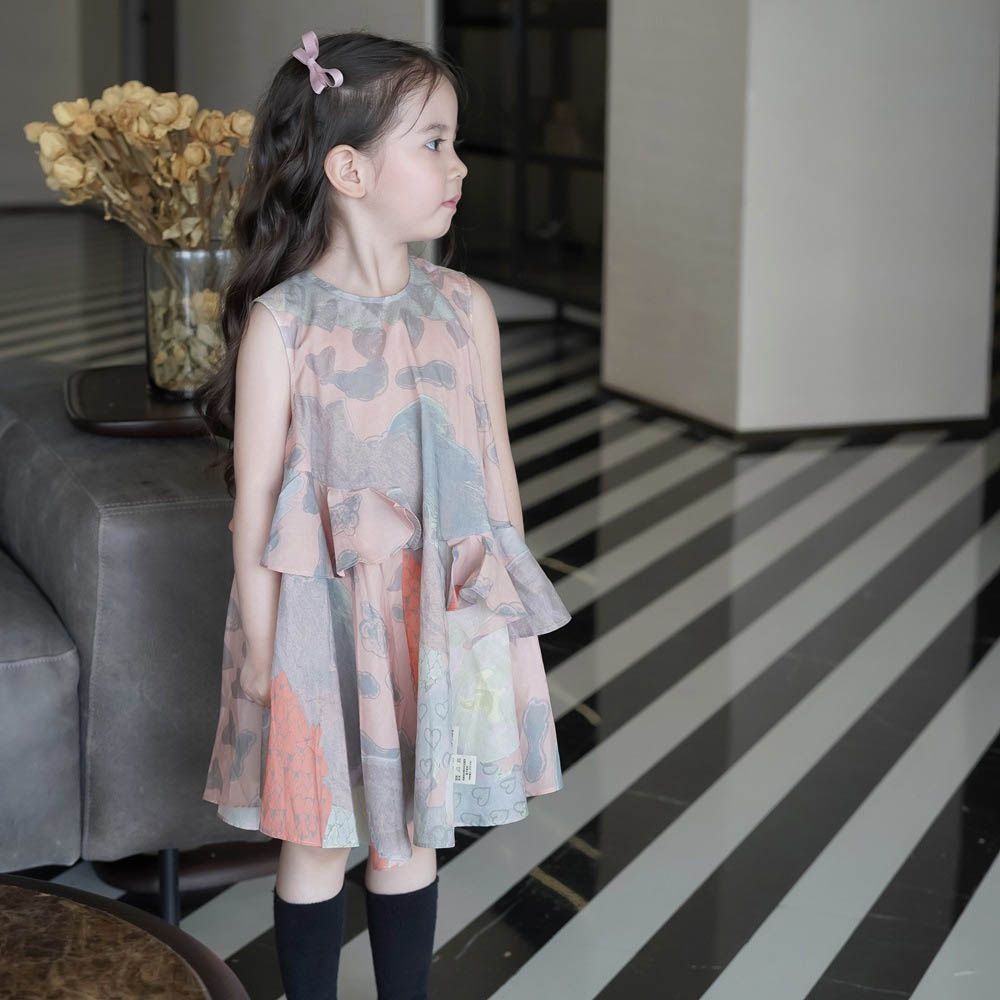 圓領荷葉邊無袖洋裝-藝術拼色-灰橘色