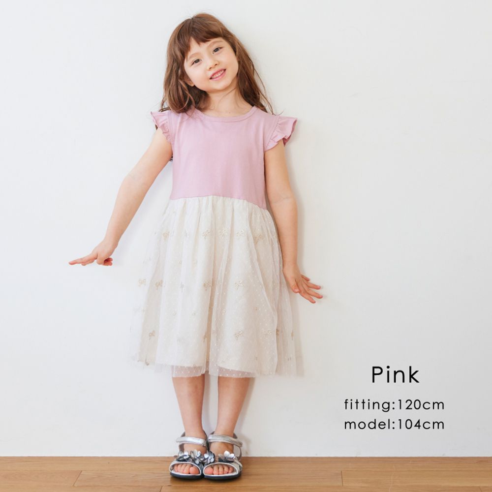 日本 evercloset - 荷葉袖蝴蝶結蕾絲刺繡洋裝-卡其