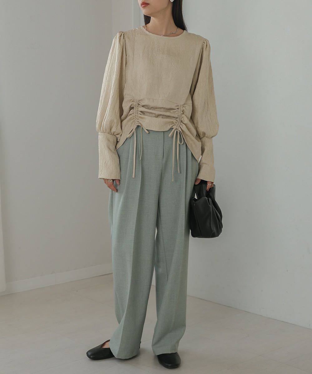 日本 Bab - 光澤感抽繩泡泡袖上衣-香檳