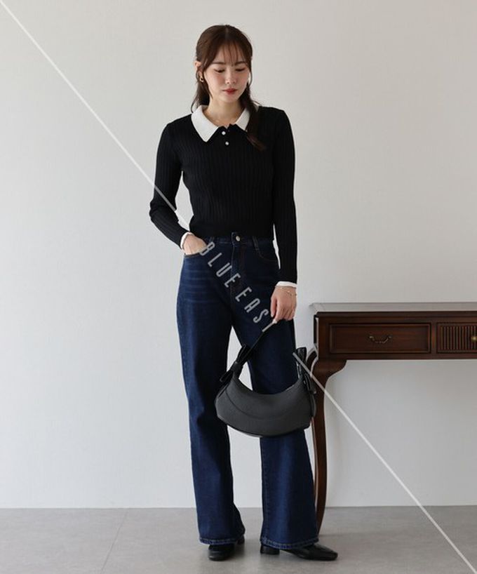 日本 BLUE EAST - 撞色雙層領針織polo長袖上衣-深灰x粉紅 (M)