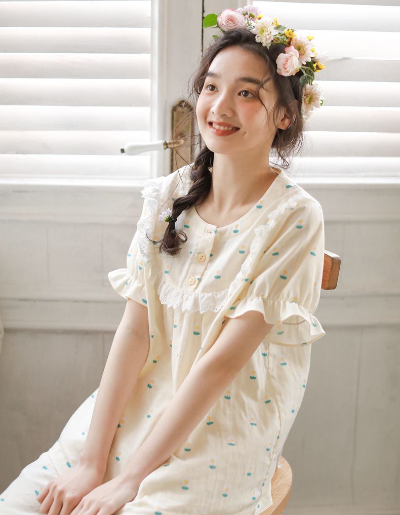 雙層棉紗布透氣家居睡衣套裝-短袖+膝下褲-黃色