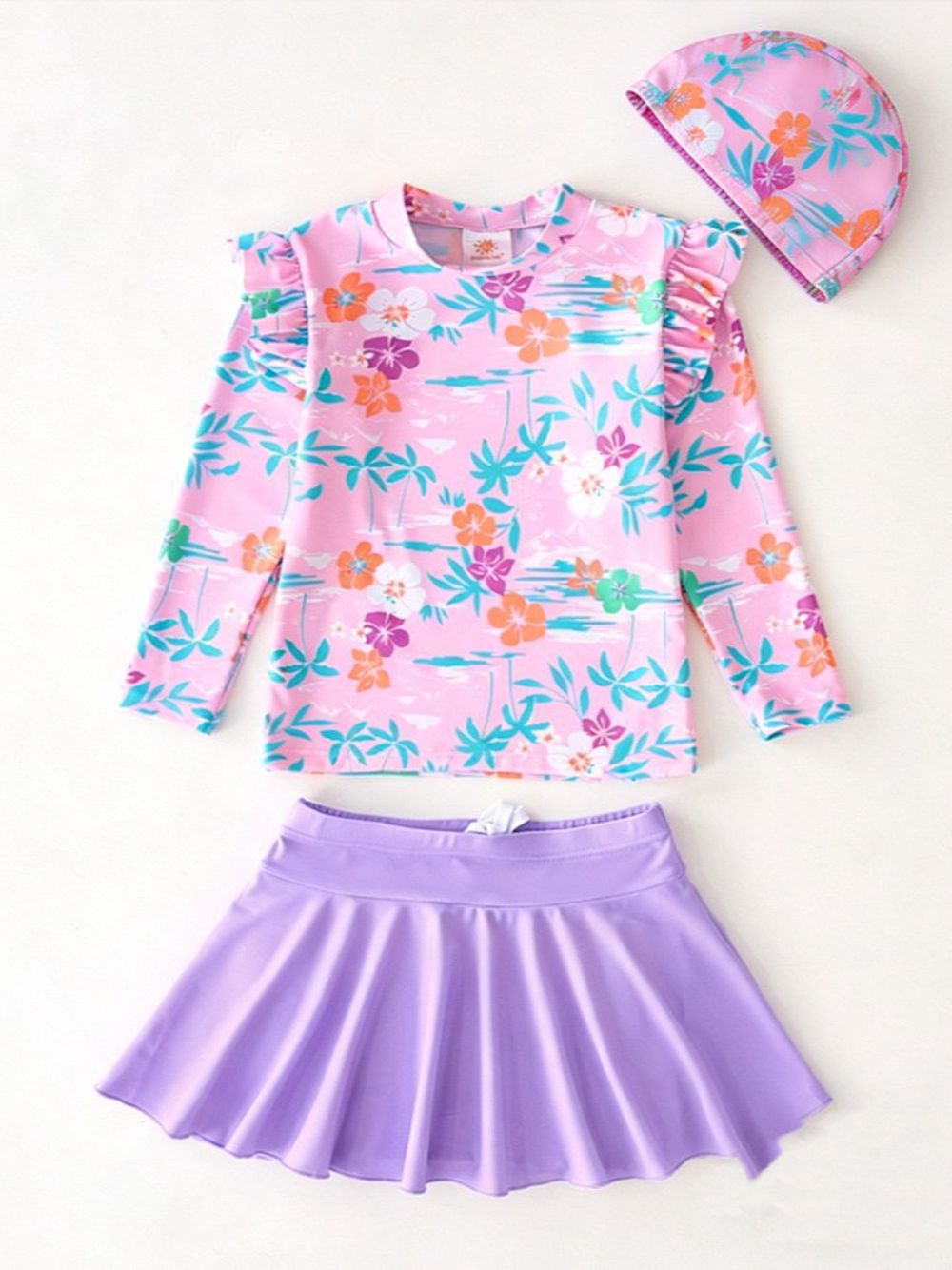 女寶防曬長袖泳裝套裝(附帽子)-裙款_甜美花朵-粉紫