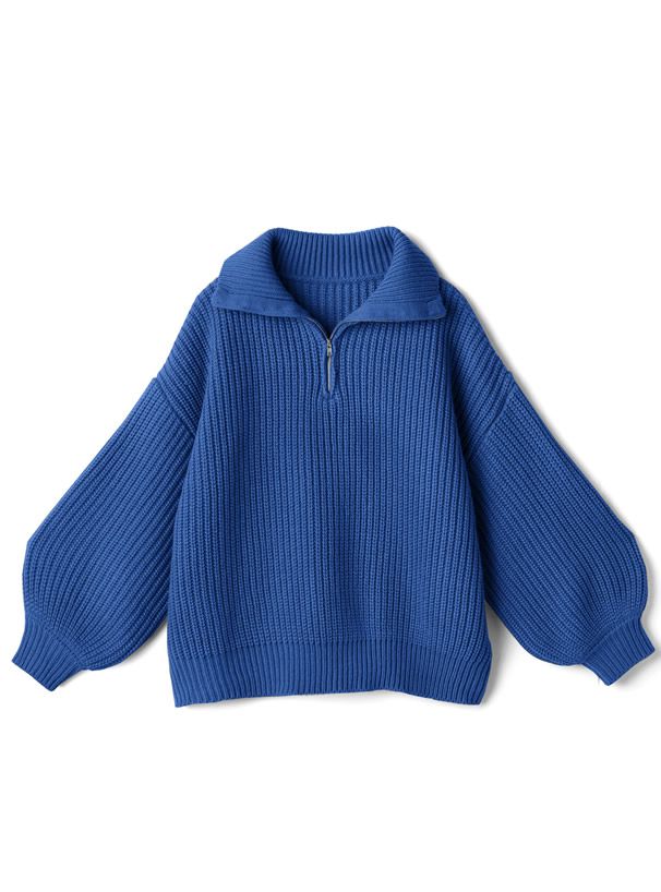 日本 GRL - 率性拉鍊領氣球袖針織上衣-深咖啡 (F)