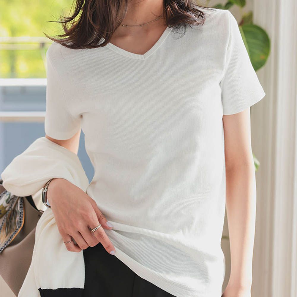 [人氣定番]彈性羅紋短袖上衣-(可選領)-米白
