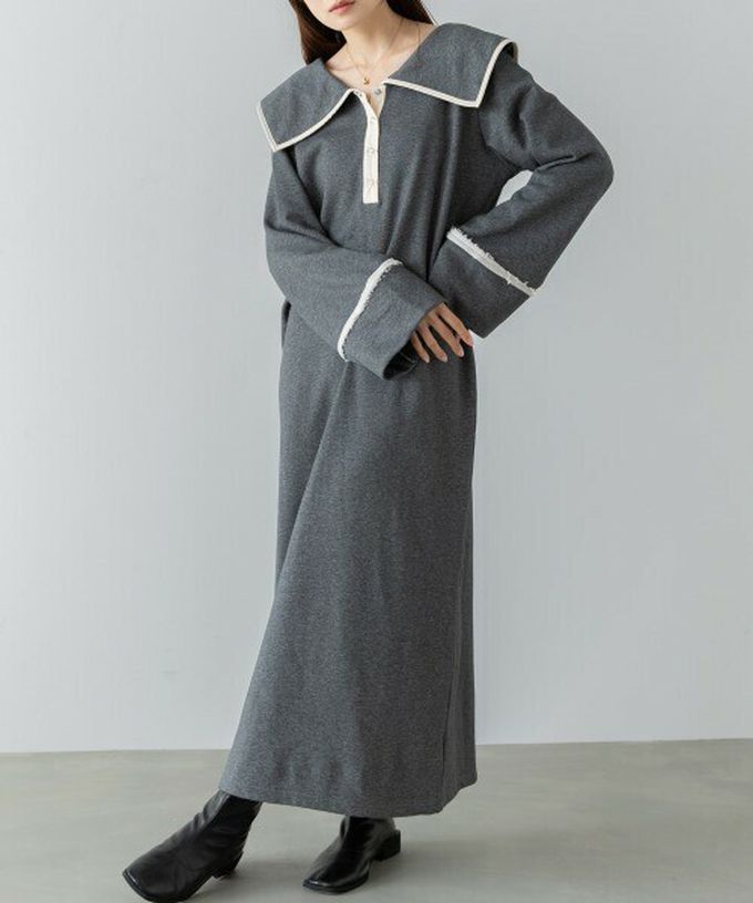日本 Bab - 滾邊個性大翻領休閒長袖洋裝-深灰