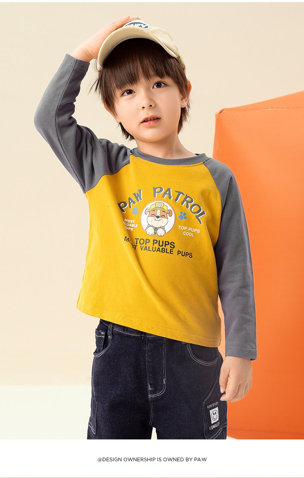 卡通汪汪隊純棉圓領長袖上衣-卡通人物小礫-黃+灰