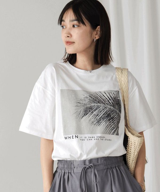 日本 Bab - 100%棉 清新夏日樹葉印花T恤-灰