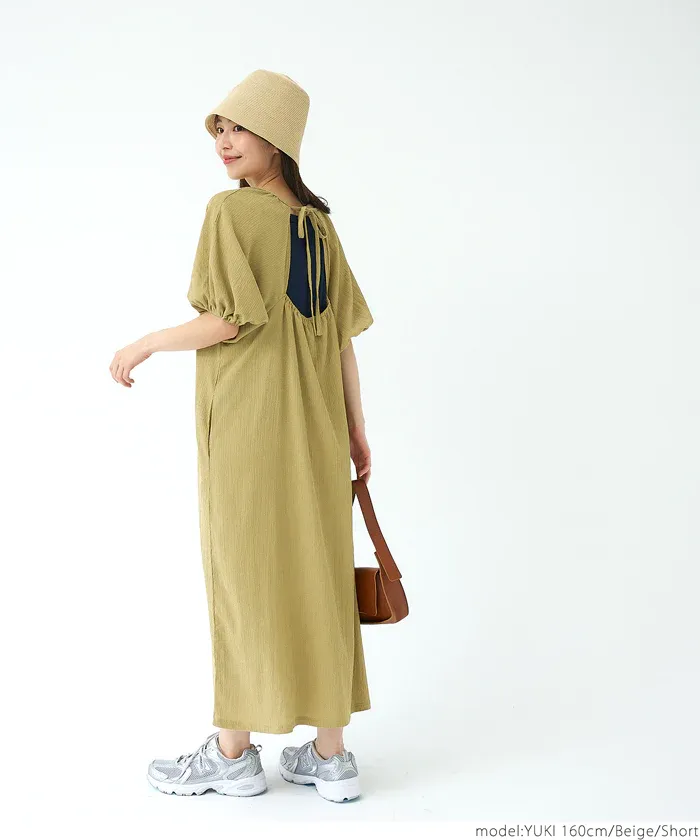 日本 COCA - 甜美後綁帶短袖洋裝-卡其